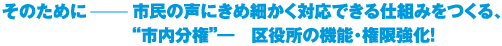 そのために市民の声にきめ細かく対応できる仕組みをつくる、 “市内分権”―　区役所の機能・権限強化！